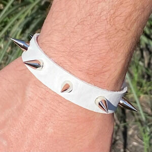 White Leather Punk Goth Spike Rock Metal Stud Snap Cuff Bracelet NWT